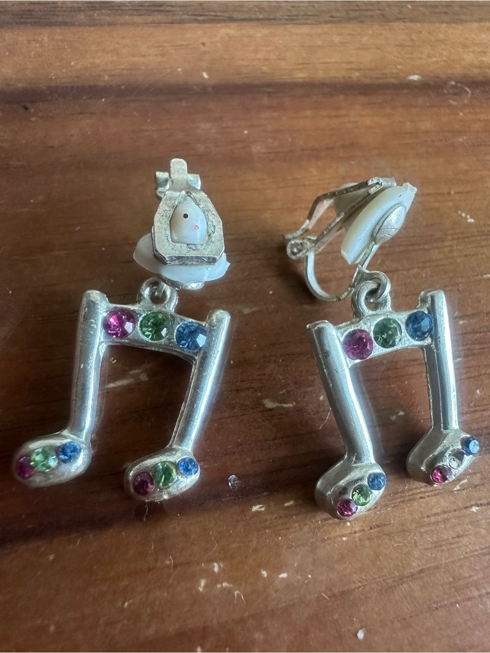 Vintage Music Note Clip-On Earrings with Multicolor Rhinestones